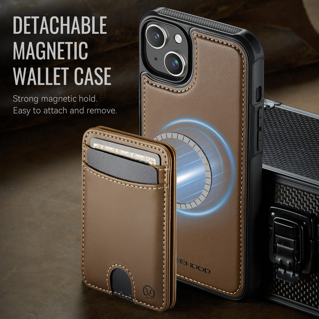 Étui JEEHOOD J10 pour iPhone 14 Plus, compatible MagSafe, en cuir avec porte-cartes amovible et support intégré.