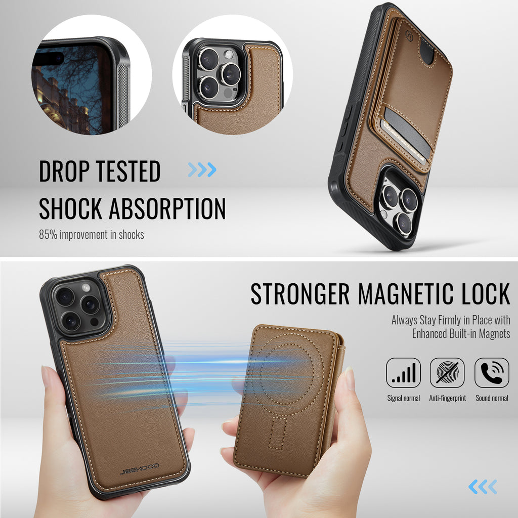 Étui JEEHOOD J10 pour iPhone 15 Pro, compatible MagSafe, en cuir avec porte-cartes amovible et support intégré.