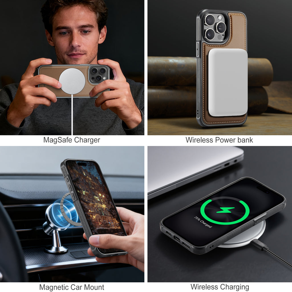 Étui JEEHOOD J10 pour iPhone 15 Pro, compatible MagSafe, en cuir avec porte-cartes amovible et support intégré.