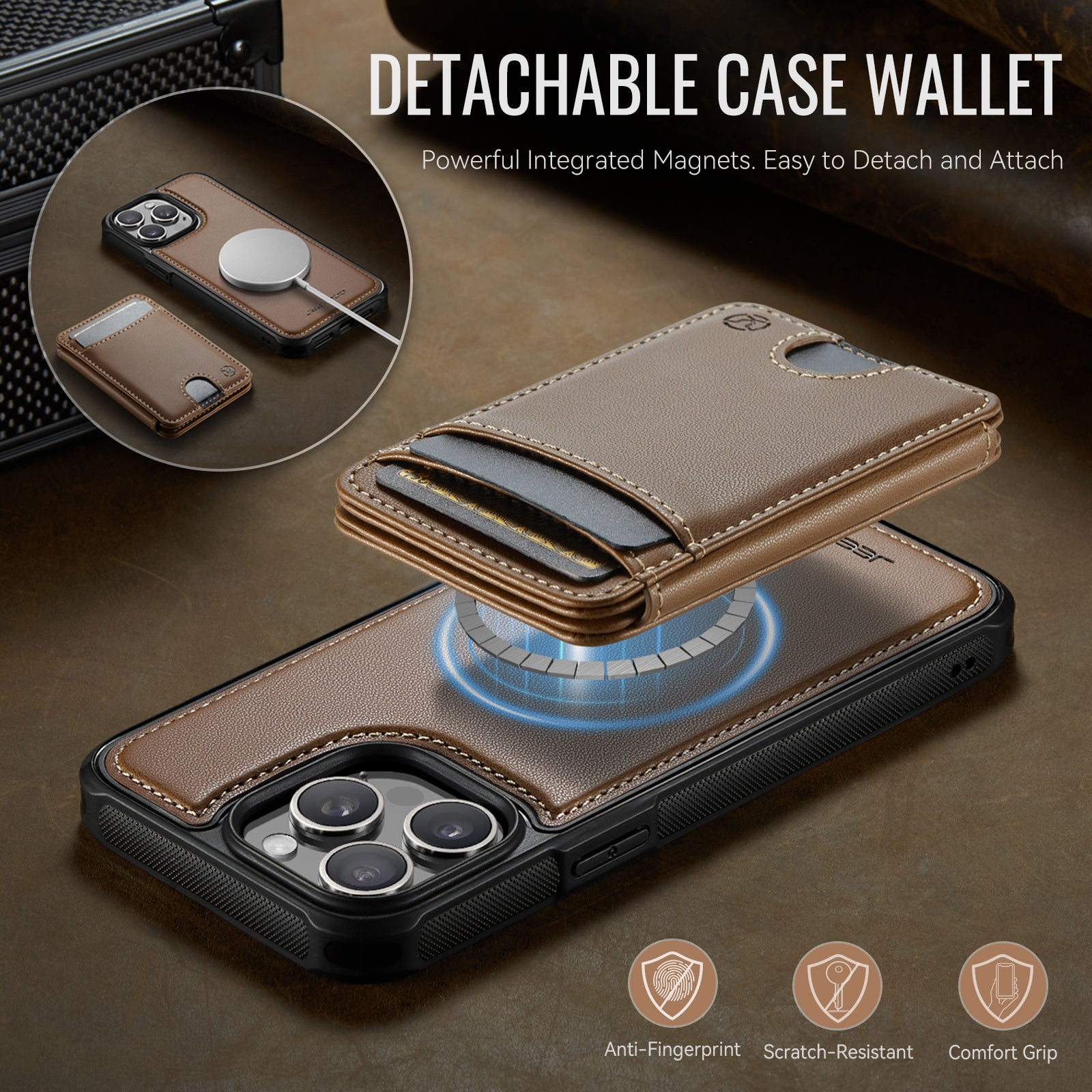 Étui JEEHOOD J10 pour iPhone 15 Pro, compatible MagSafe, en cuir avec porte-cartes amovible et support intégré.