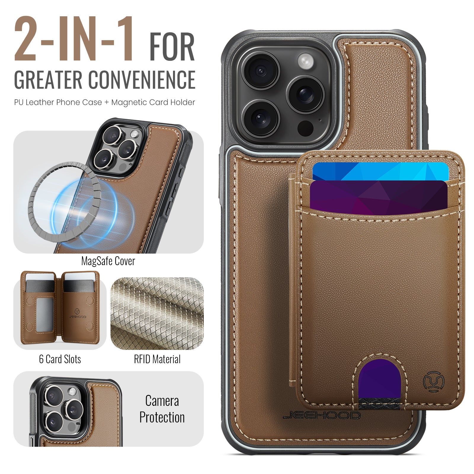 For iPhone 15 Pro Max Case JEEHOOD J10  Compatible with MagSafe Leather Back Phone Cover with Detachable Card Holder Kickstand