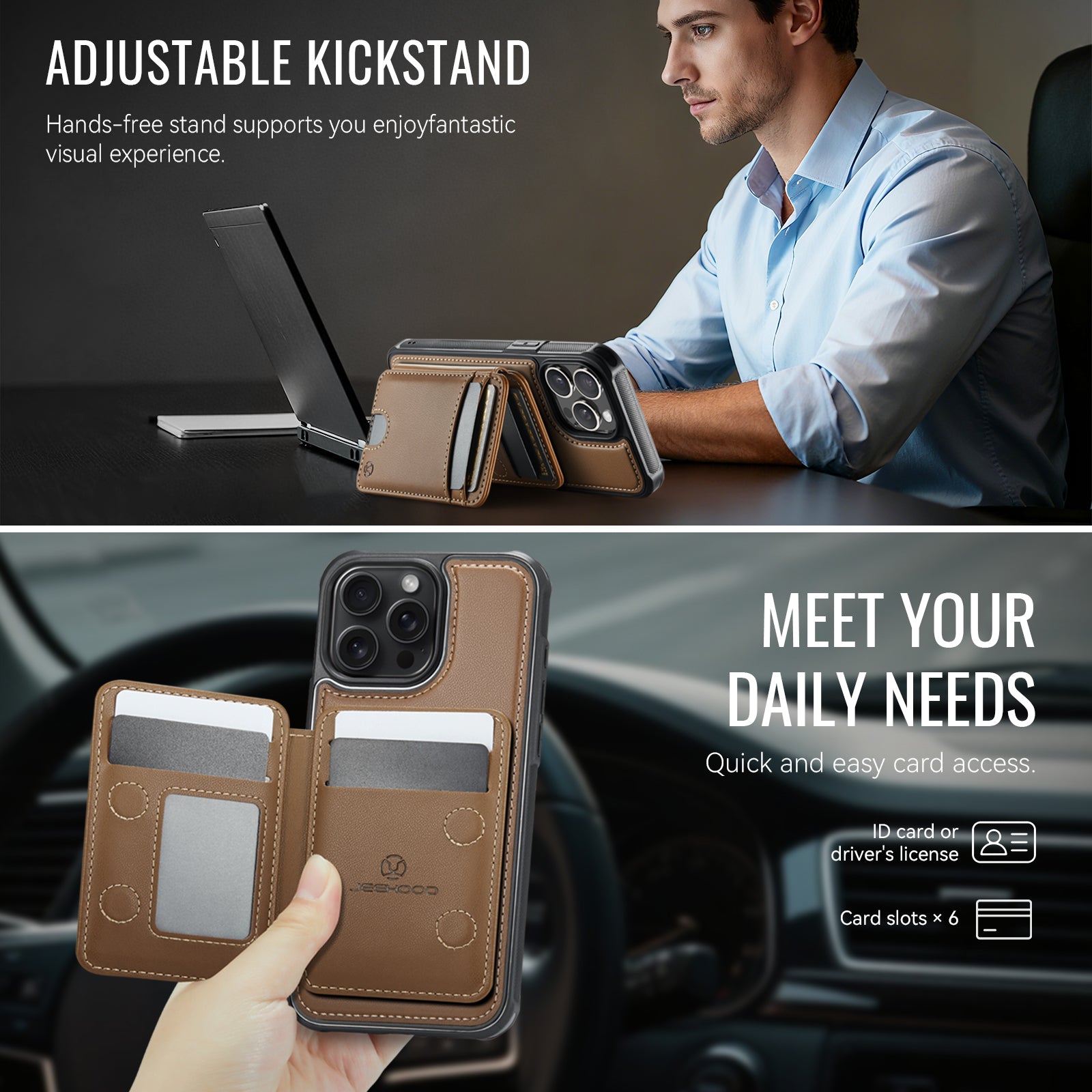 For iPhone 15 Pro Max Case JEEHOOD J10  Compatible with MagSafe Leather Back Phone Cover with Detachable Card Holder Kickstand