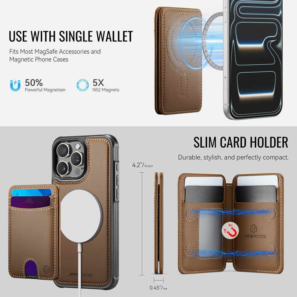 For iPhone 15 Pro Max Case JEEHOOD J10  Compatible with MagSafe Leather Back Phone Cover with Detachable Card Holder Kickstand