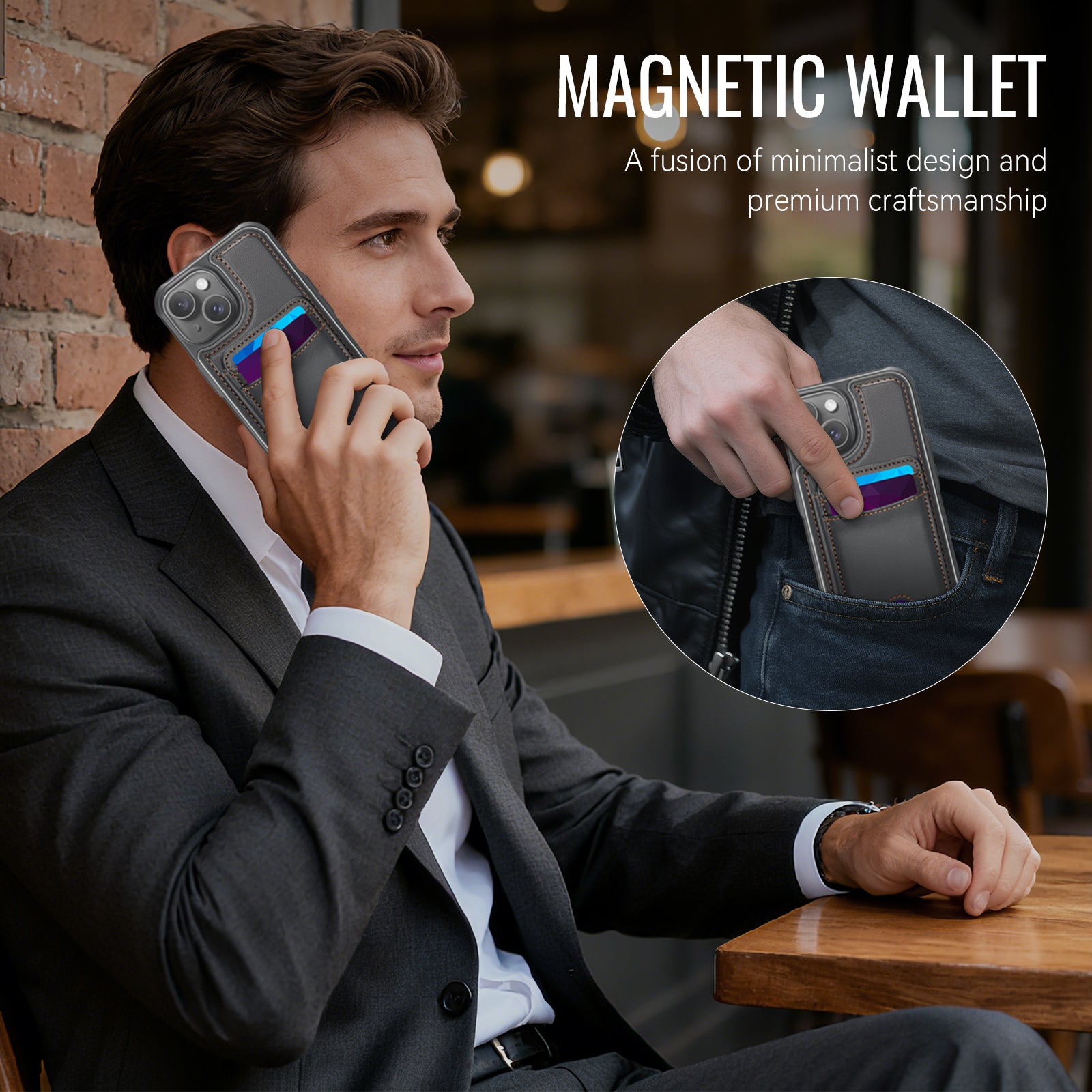 For iPhone 14 Case JEEHOOD J10  Compatible with MagSafe Leather Back Phone Cover with Detachable Card Holder Kickstand