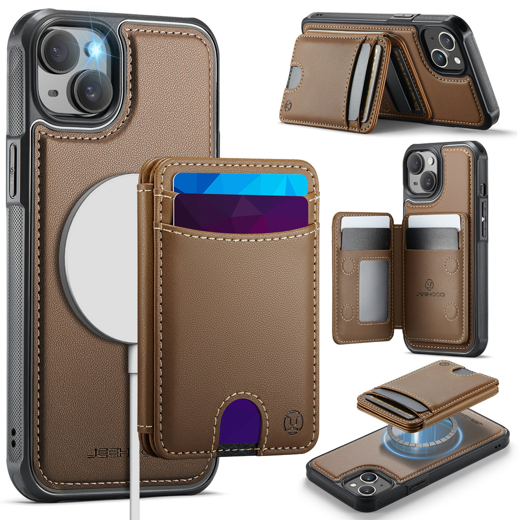 For iPhone 14 Case JEEHOOD J10  Compatible with MagSafe Leather Back Phone Cover with Detachable Card Holder Kickstand