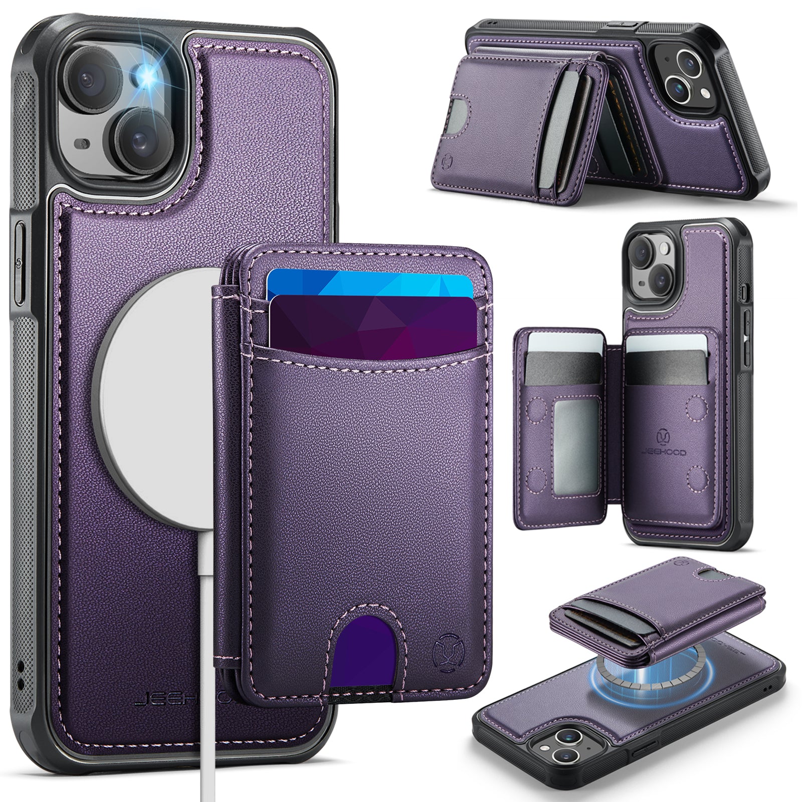 For iPhone 14 Case JEEHOOD J10  Compatible with MagSafe Leather Back Phone Cover with Detachable Card Holder Kickstand