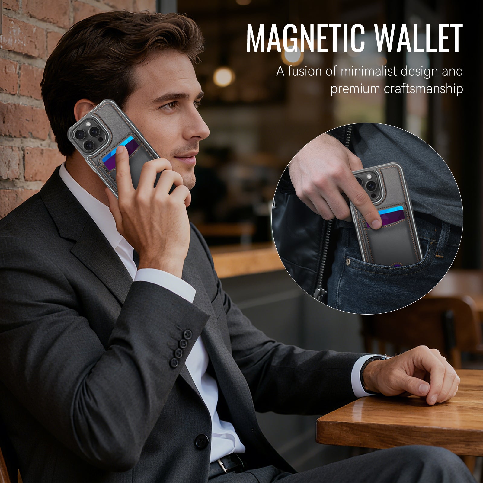 Étui JEEHOOD J10 pour iPhone 14 Pro, compatible MagSafe, en cuir avec porte-cartes amovible et support intégré.