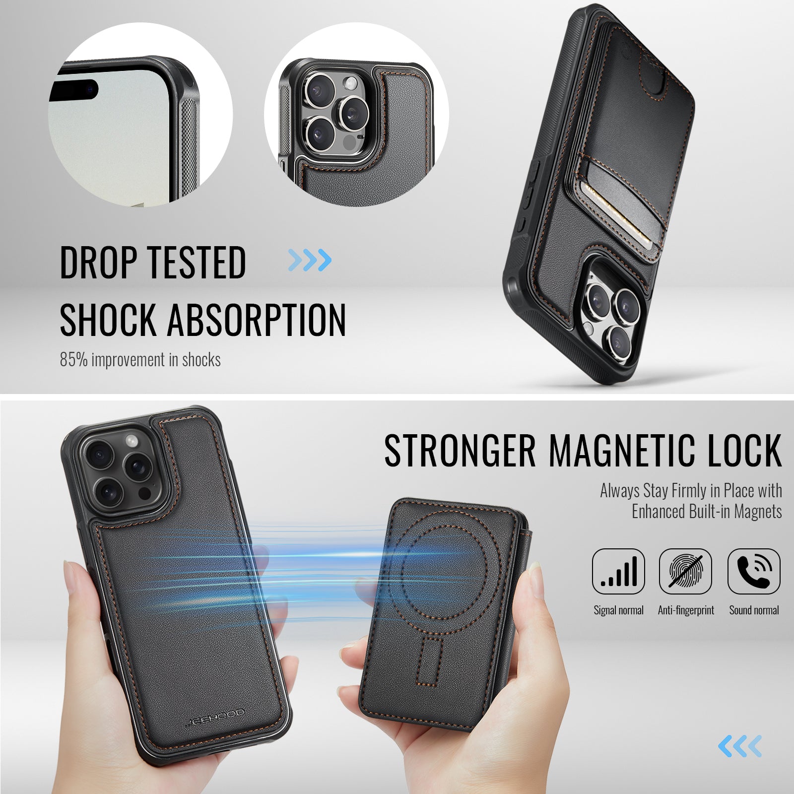 For iPhone 14 Pro Case JEEHOOD J10  Compatible with MagSafe Leather Back Phone Cover with Detachable Card Holder Kickstand