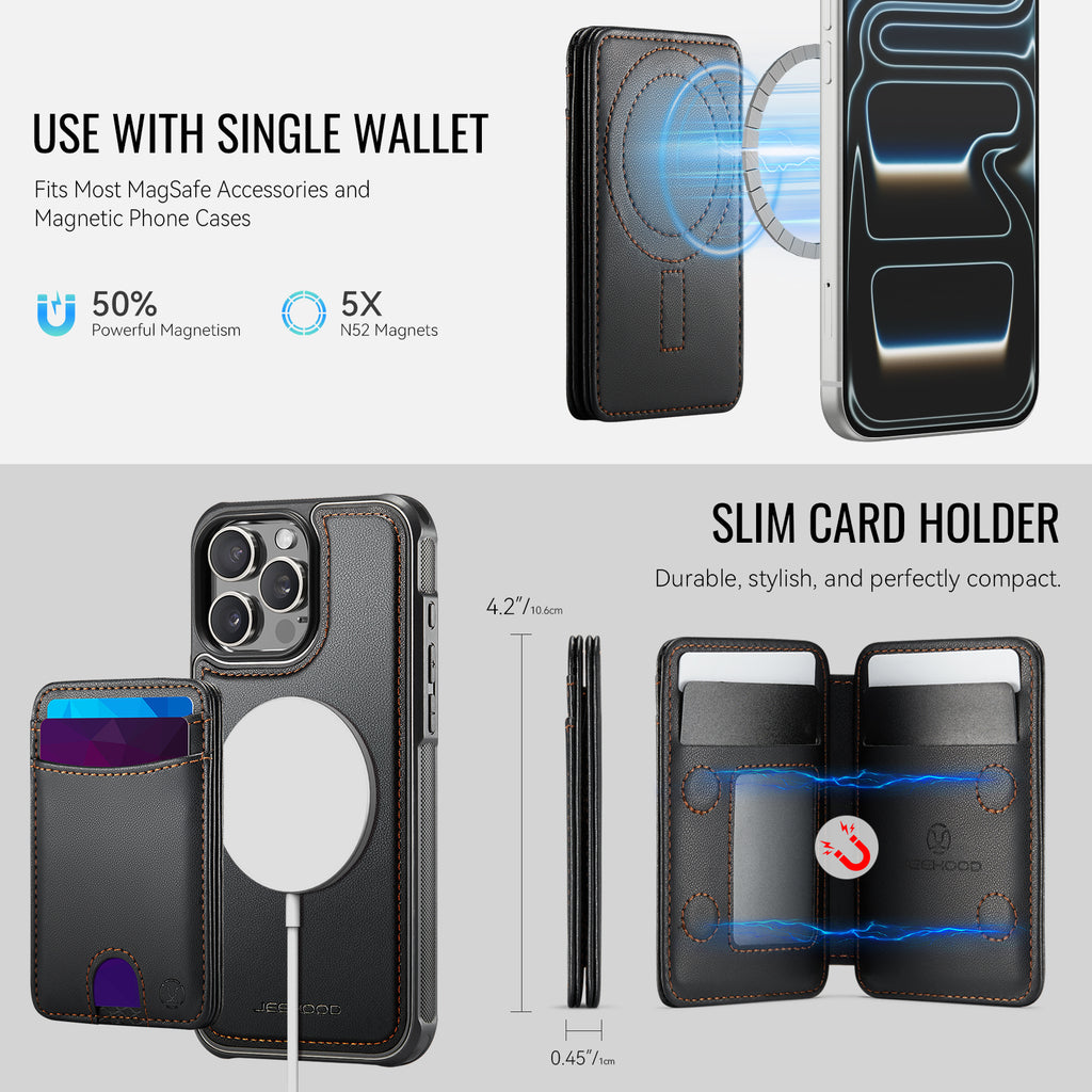 Étui JEEHOOD J10 pour iPhone 14 Pro, compatible MagSafe, en cuir avec porte-cartes amovible et support intégré.