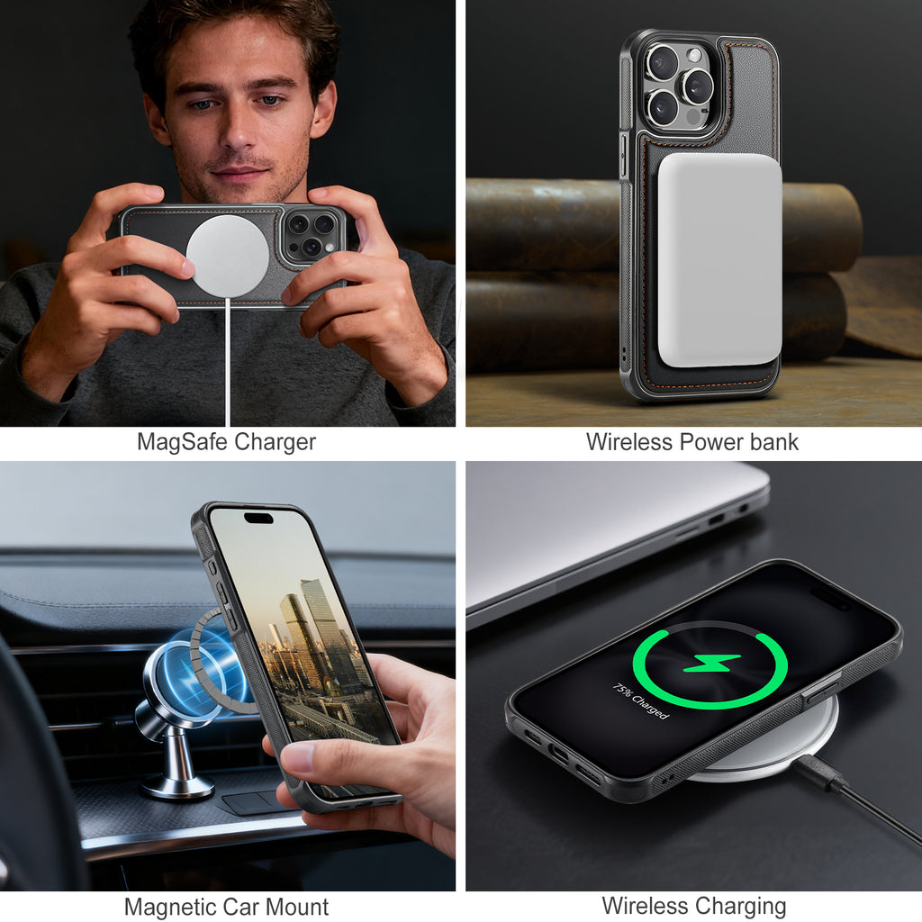 Étui JEEHOOD J10 pour iPhone 14 Pro, compatible MagSafe, en cuir avec porte-cartes amovible et support intégré.