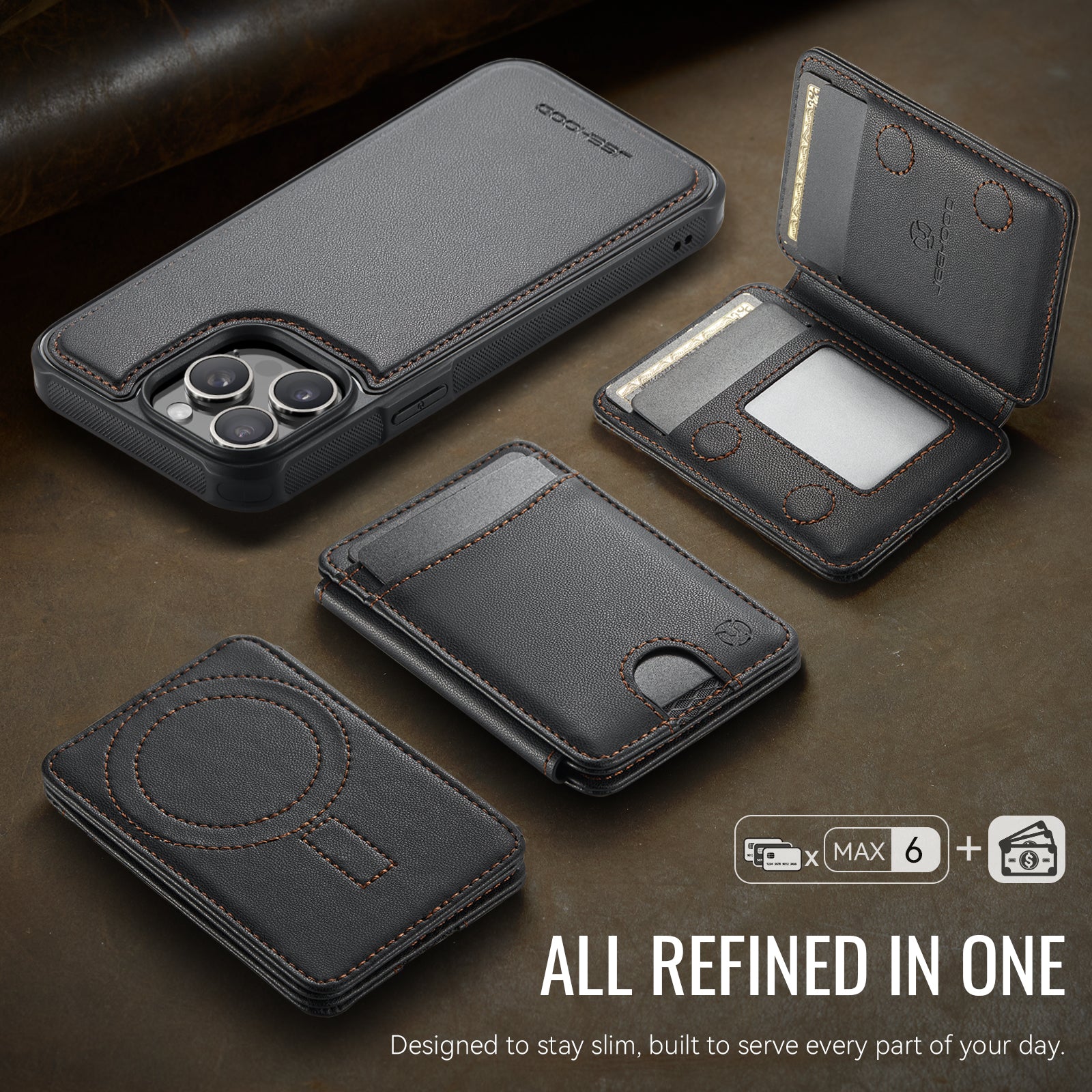 Étui JEEHOOD J10 pour iPhone 14 Pro, compatible MagSafe, en cuir avec porte-cartes amovible et support intégré.