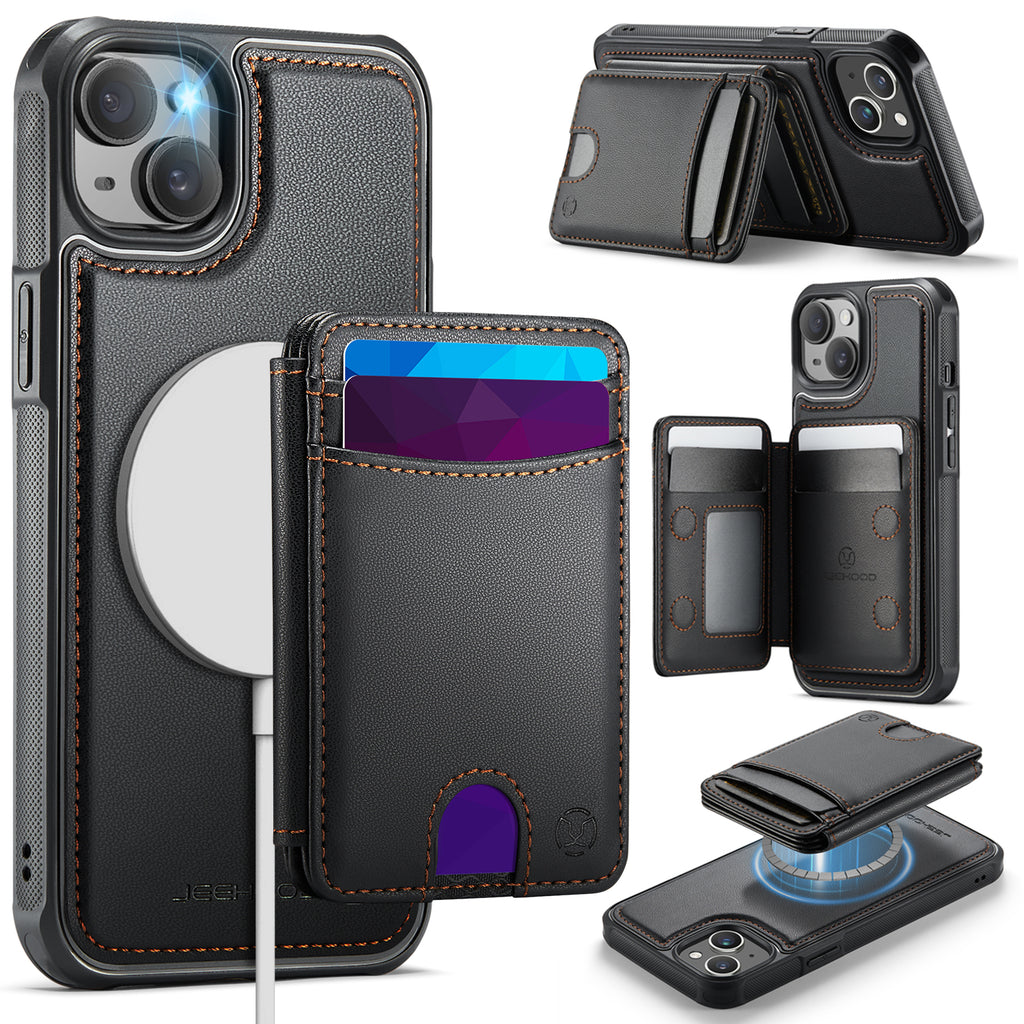 Étui JEEHOOD J10 pour iPhone 13 (6,1 pouces), compatible MagSafe, avec support intégré et porte-cartes amovible.