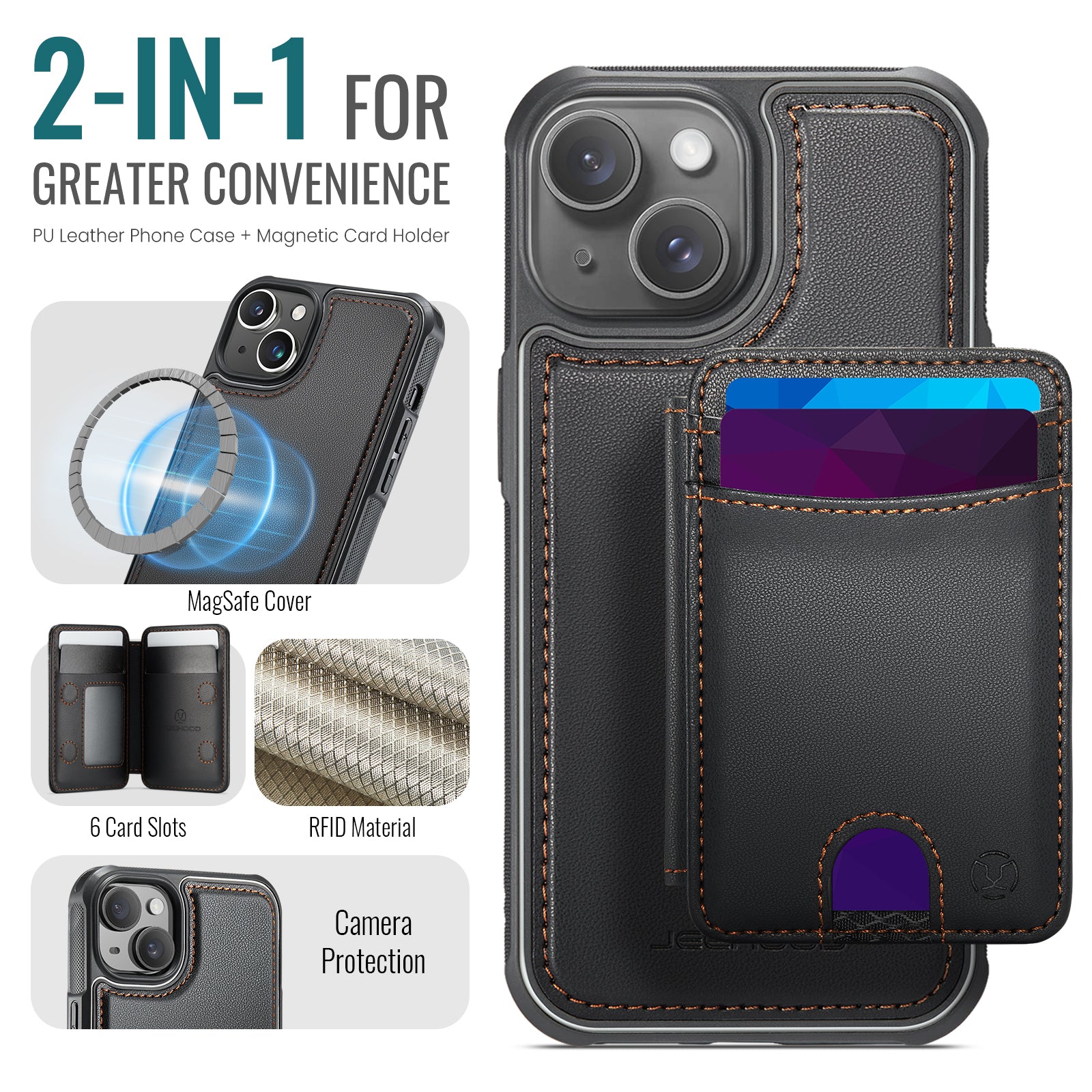 For iPhone 13 6.1 inch Case JEEHOOD J10  Compatible with MagSafe Leather Back Phone Cover with Detachable Card Holder Kickstand