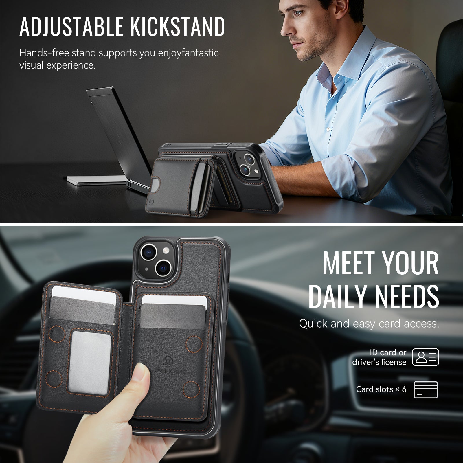 For iPhone 13 6.1 inch Case JEEHOOD J10  Compatible with MagSafe Leather Back Phone Cover with Detachable Card Holder Kickstand