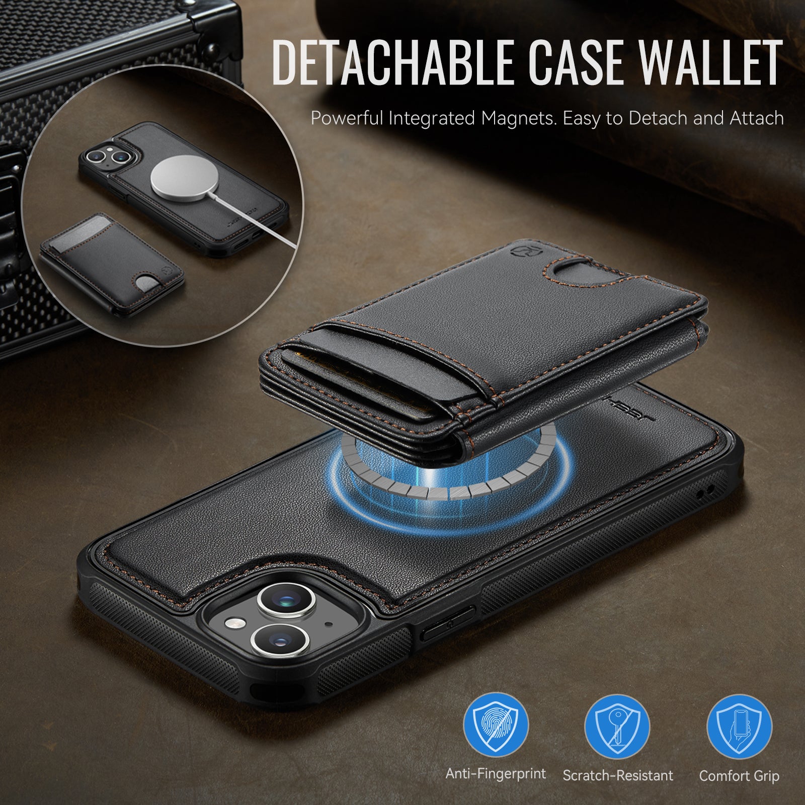 Étui JEEHOOD J10 pour iPhone 13 (6,1 pouces), compatible MagSafe, avec support intégré et porte-cartes amovible.