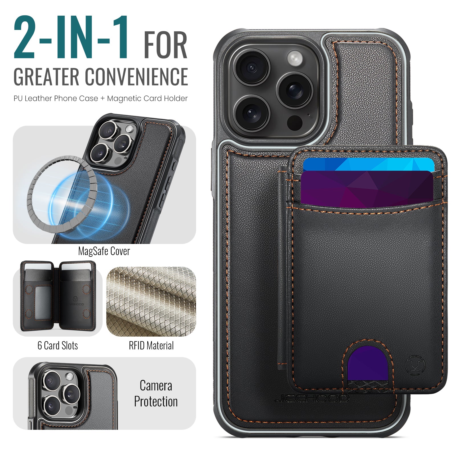 For iPhone 13 Pro Max 6.7 inch Case JEEHOOD J10  Compatible with MagSafe Leather Back Phone Cover with Detachable Card Holder Kickstand