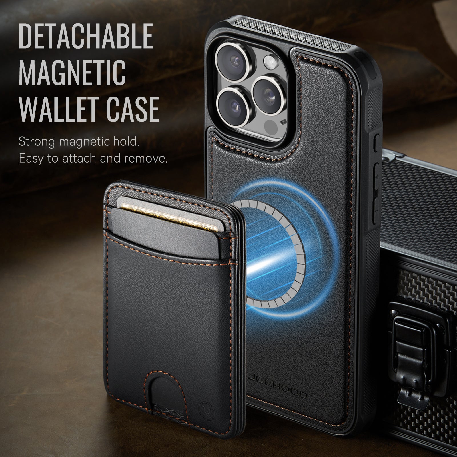 Étui JEEHOOD J10 pour iPhone 12 Pro 6,1 pouces / iPhone 12 6,1 pouces, compatible MagSafe, avec porte-cartes amovible et support intégré.