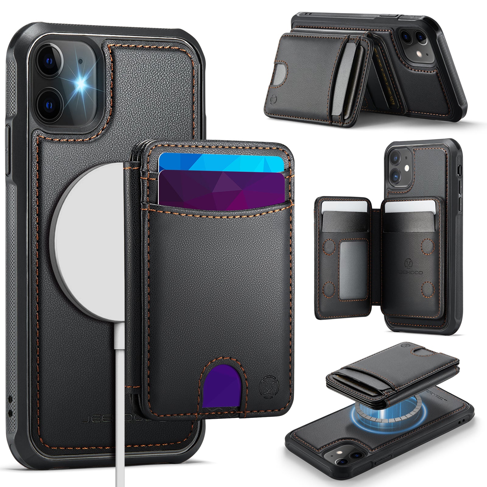 For iPhone 11 Case JEEHOOD J10  Compatible with MagSafe Leather Back Phone Cover with Detachable Card Holder Kickstand