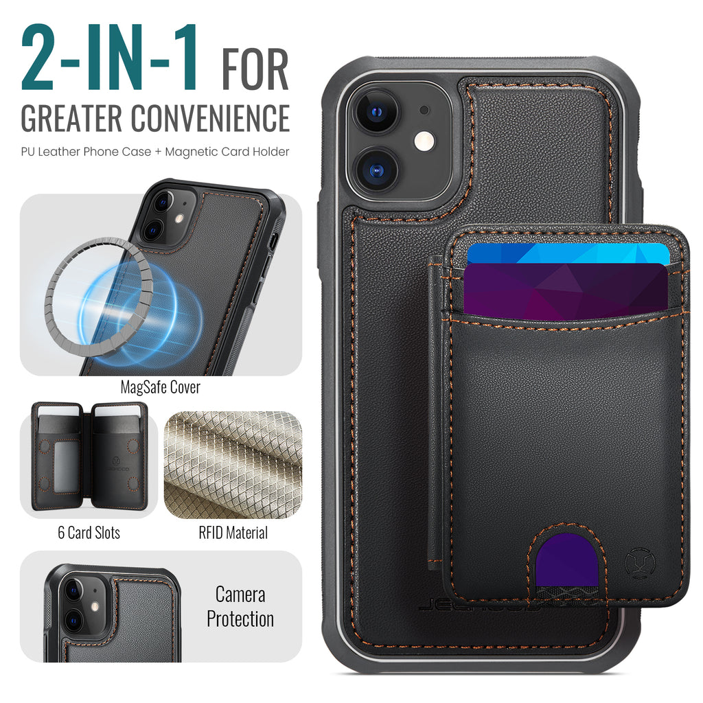Étui JEEHOOD J10 pour iPhone 11, compatible MagSafe, en cuir avec porte-cartes amovible et support intégré.