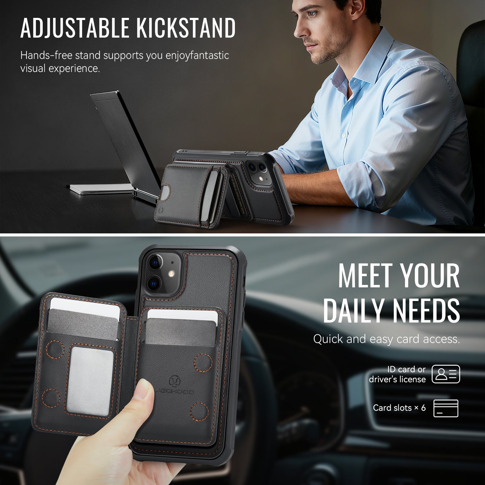 For iPhone 11 Case JEEHOOD J10  Compatible with MagSafe Leather Back Phone Cover with Detachable Card Holder Kickstand