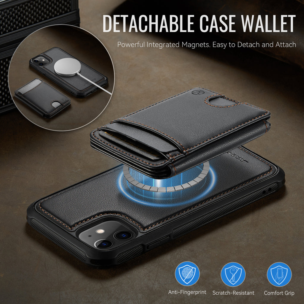 Étui JEEHOOD J10 pour iPhone 11, compatible MagSafe, en cuir avec porte-cartes amovible et support intégré.
