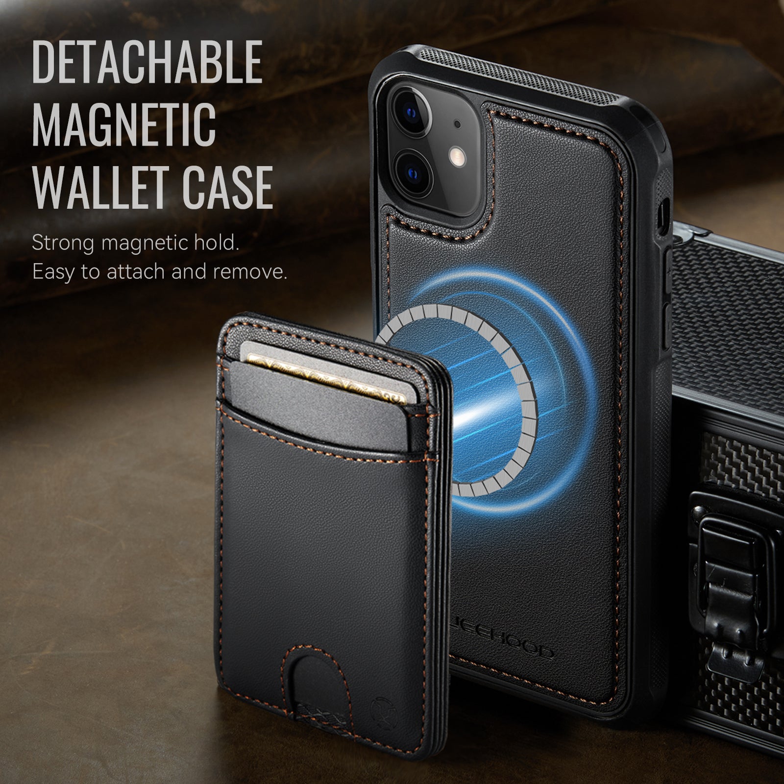 Étui JEEHOOD J10 pour iPhone 11, compatible MagSafe, en cuir avec porte-cartes amovible et support intégré.