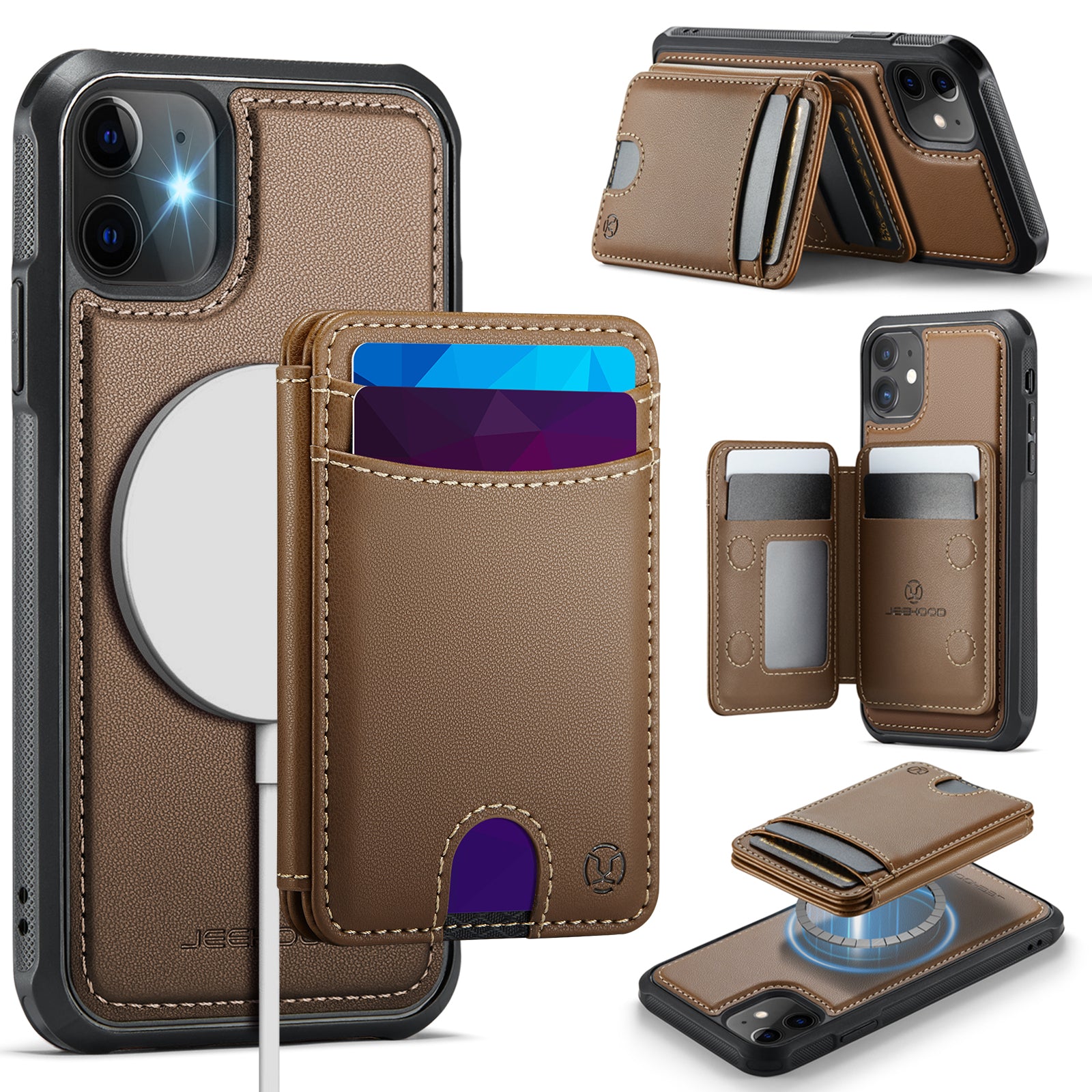 For iPhone 11 Case JEEHOOD J10  Compatible with MagSafe Leather Back Phone Cover with Detachable Card Holder Kickstand