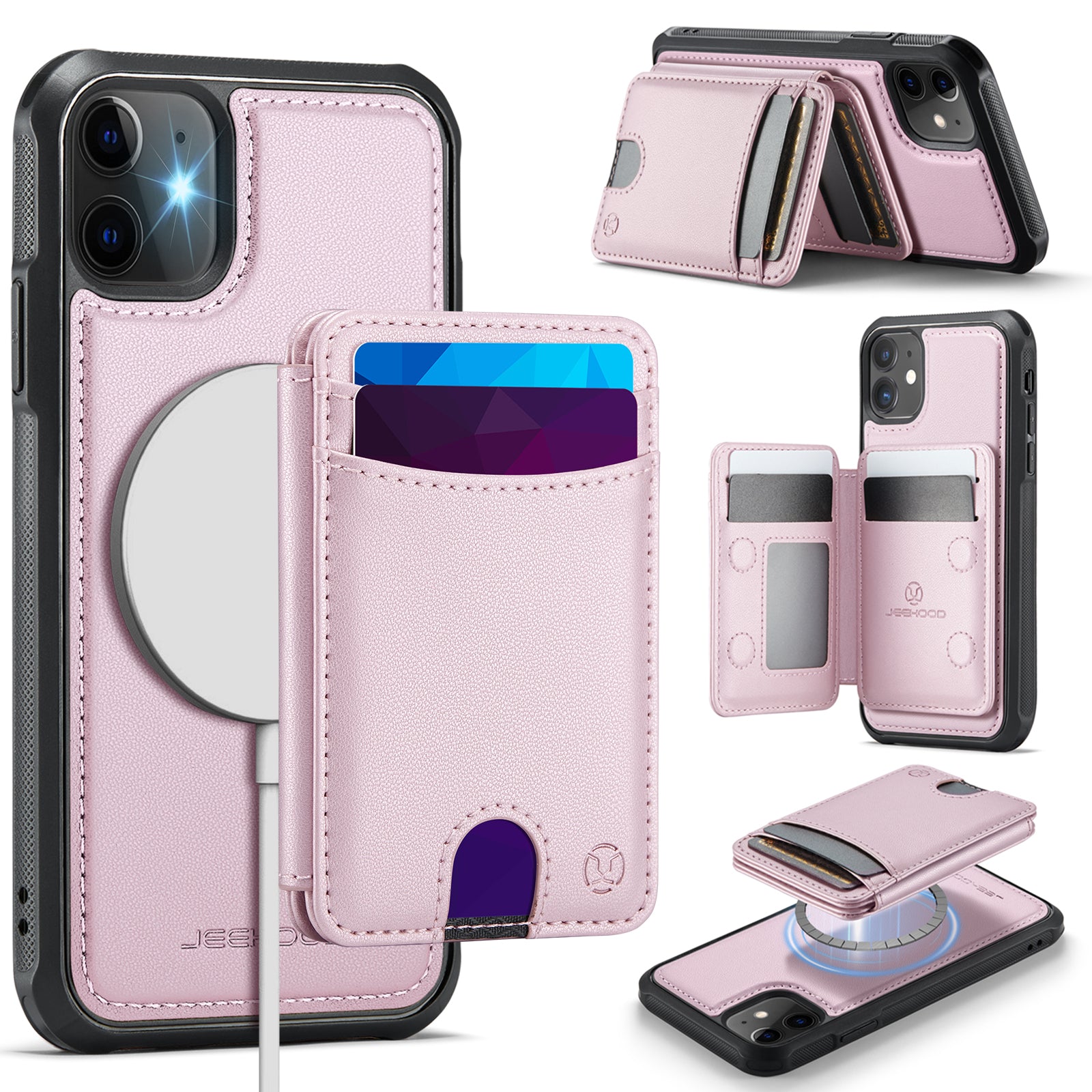 For iPhone 11 Case JEEHOOD J10  Compatible with MagSafe Leather Back Phone Cover with Detachable Card Holder Kickstand