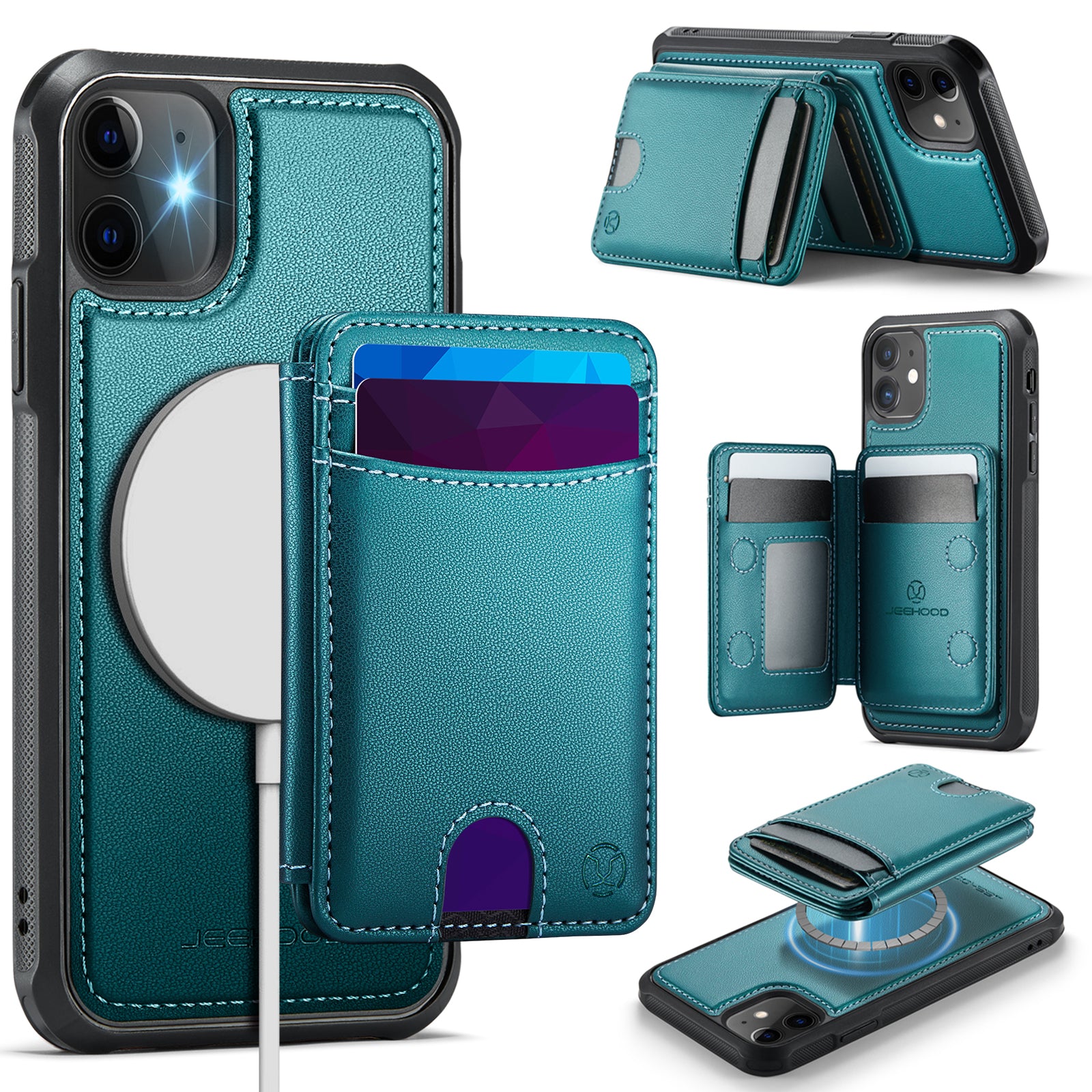 For iPhone 11 Case JEEHOOD J10  Compatible with MagSafe Leather Back Phone Cover with Detachable Card Holder Kickstand