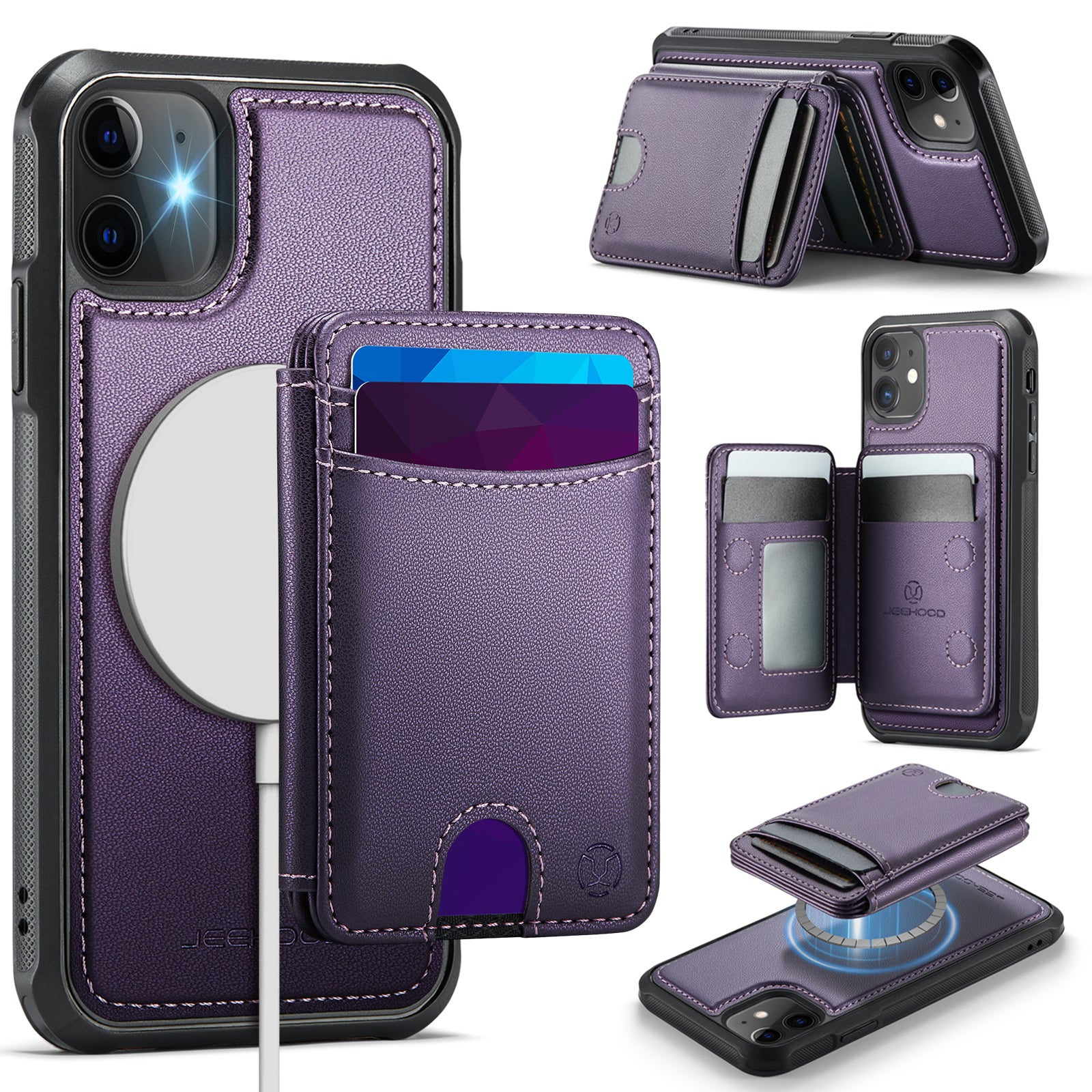 For iPhone 11 Case JEEHOOD J10  Compatible with MagSafe Leather Back Phone Cover with Detachable Card Holder Kickstand