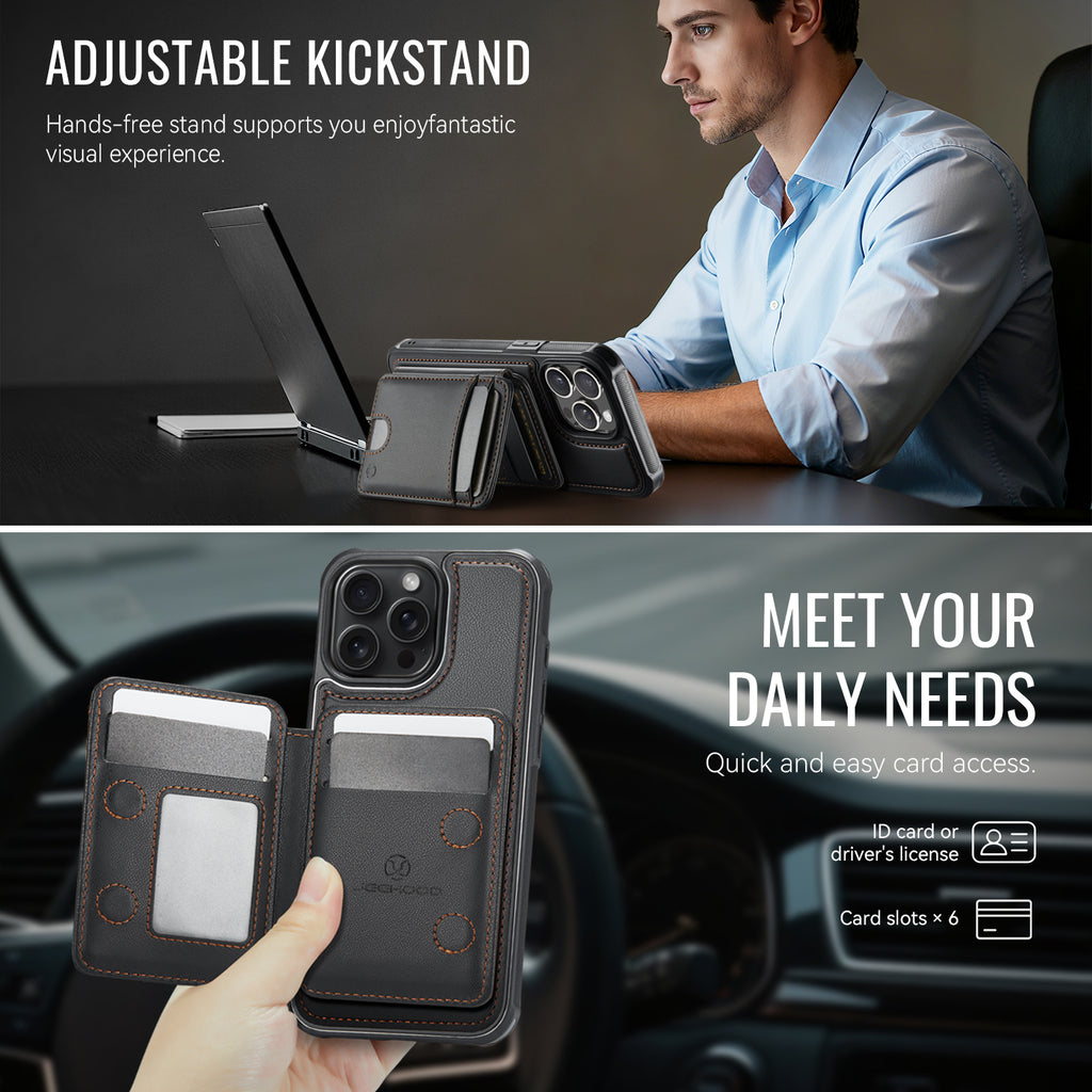 For iPhone 12 Pro Max 6.7 inch Case JEEHOOD J10  Compatible with MagSafe Leather Back Phone Cover with Detachable Card Holder Kickstand