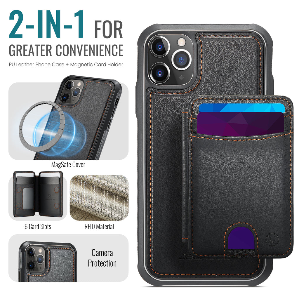 Étui JEEHOOD J10 pour iPhone 11 Pro Max, compatible MagSafe, avec support intégré et porte-cartes amovible.
