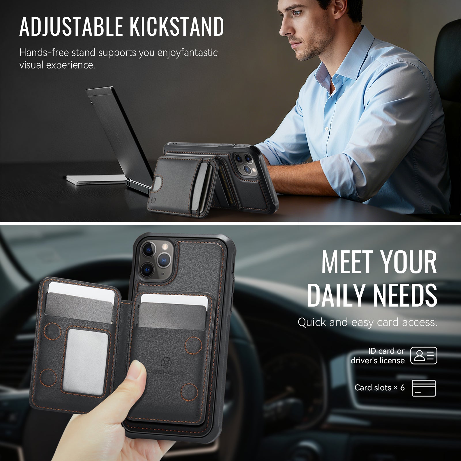 For iPhone 11 Pro Max Case JEEHOOD J10  Compatible with MagSafe Leather Back Phone Cover with Detachable Card Holder Kickstand