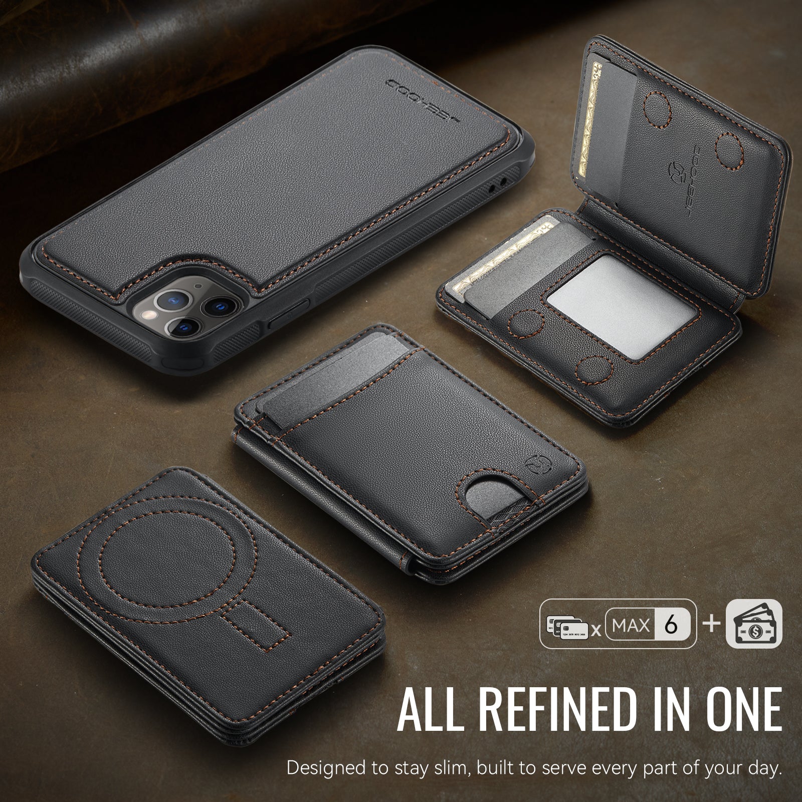 For iPhone 11 Pro Max Case JEEHOOD J10  Compatible with MagSafe Leather Back Phone Cover with Detachable Card Holder Kickstand