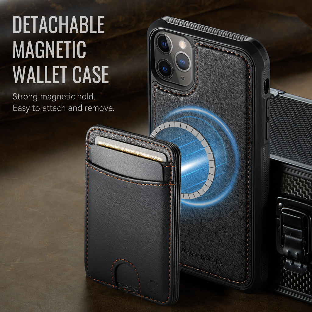 Étui JEEHOOD J10 pour iPhone 11 Pro Max, compatible MagSafe, avec support intégré et porte-cartes amovible.