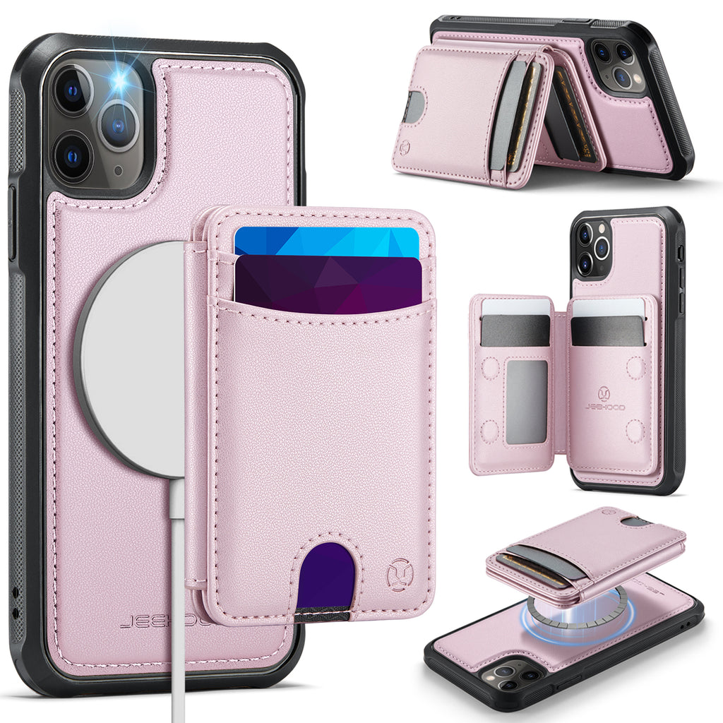 For iPhone 11 Pro Max Case JEEHOOD J10  Compatible with MagSafe Leather Back Phone Cover with Detachable Card Holder Kickstand