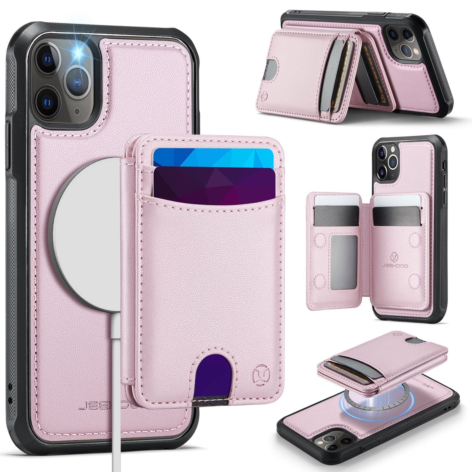 For iPhone 11 Pro Max Case JEEHOOD J10  Compatible with MagSafe Leather Back Phone Cover with Detachable Card Holder Kickstand