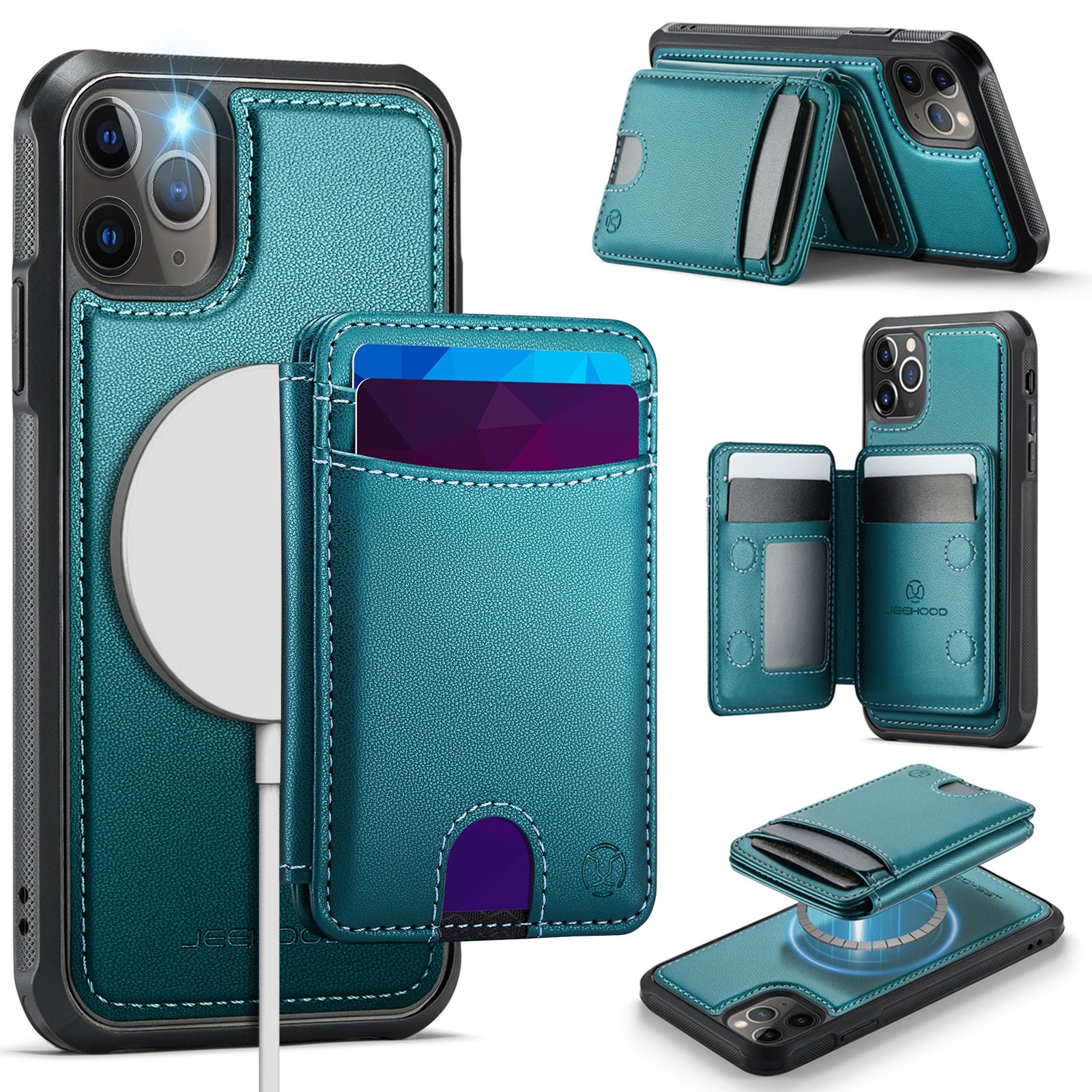 For iPhone 11 Pro Max Case JEEHOOD J10  Compatible with MagSafe Leather Back Phone Cover with Detachable Card Holder Kickstand
