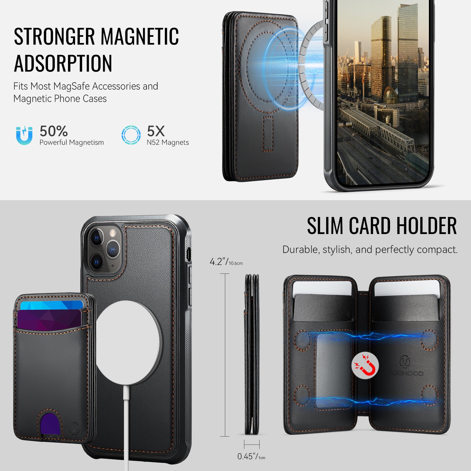 For iPhone 11 Pro Case JEEHOOD J10  Compatible with MagSafe Leather Back Phone Cover with Detachable Card Holder Kickstand