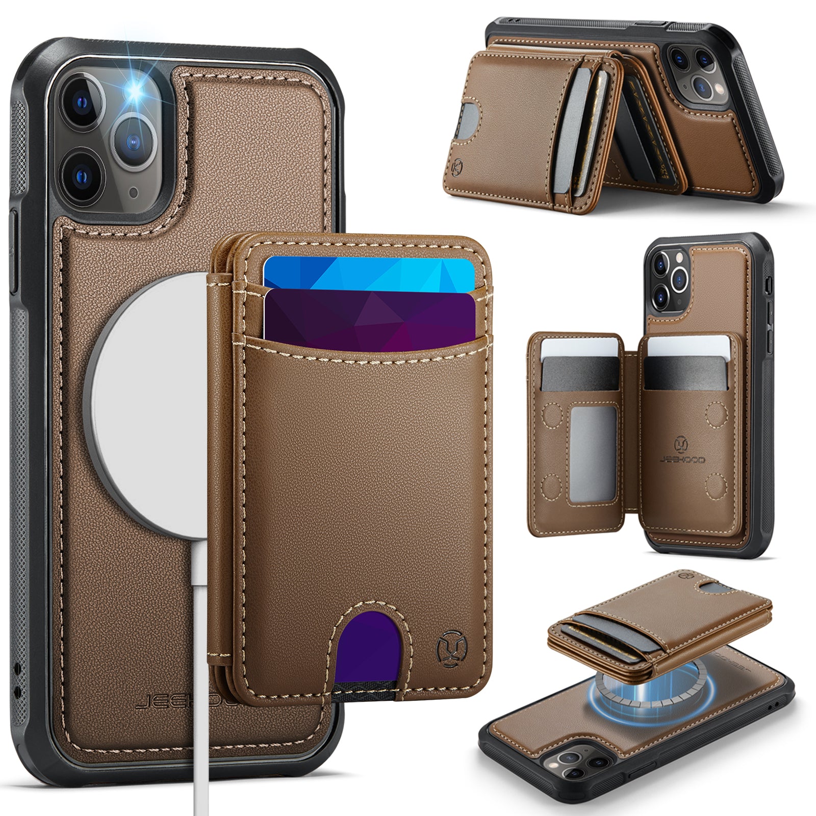 For iPhone 11 Pro Case JEEHOOD J10  Compatible with MagSafe Leather Back Phone Cover with Detachable Card Holder Kickstand