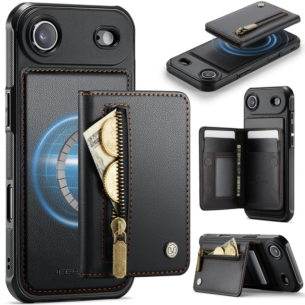 For iPhone Air Case JEEHOOD J12 Magnetic  Detachable Zipper Wallet Kickstand Leather Back Cover Compatible with MagSafe