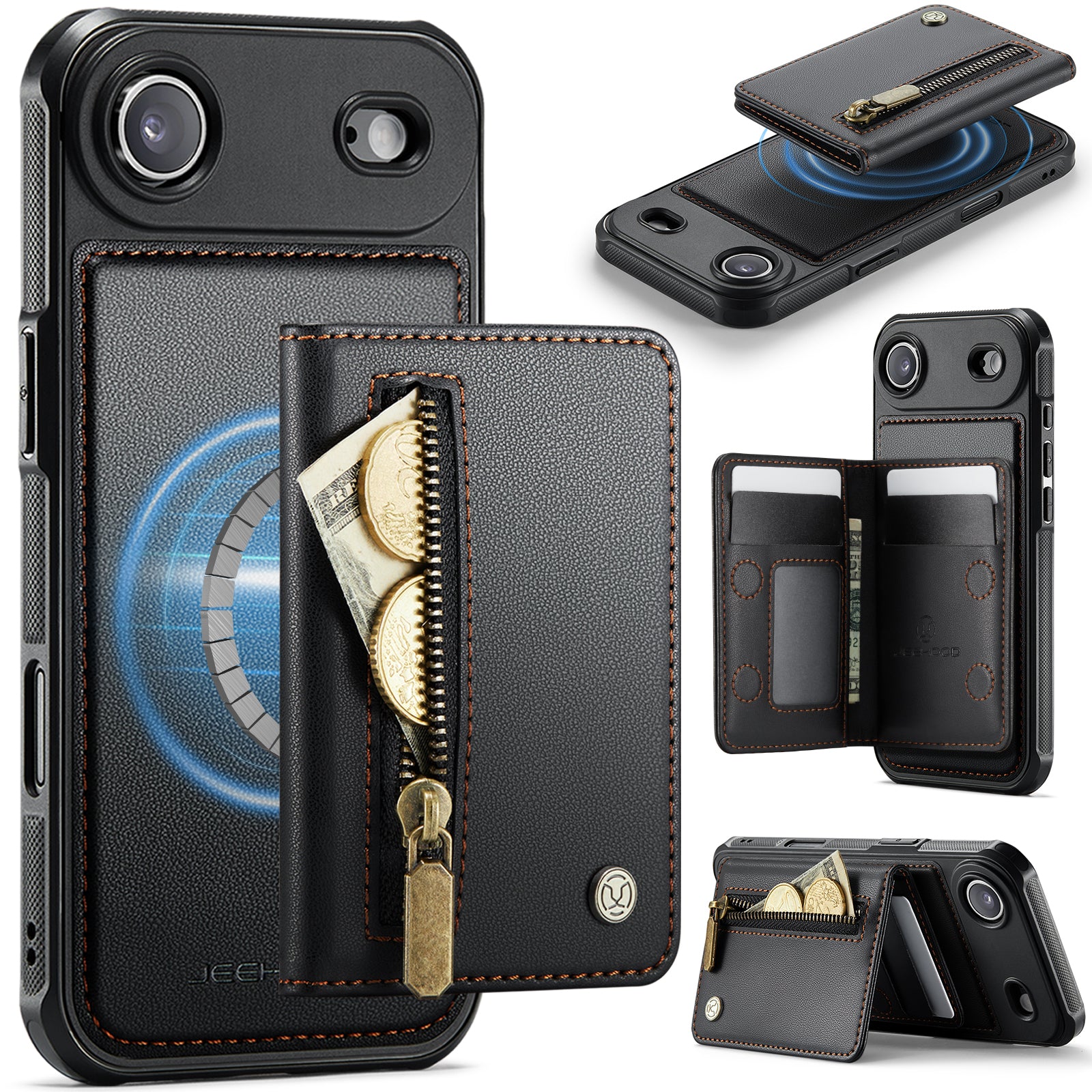 For iPhone Air Case JEEHOOD J12 Magnetic  Detachable Zipper Wallet Kickstand Leather Back Cover Compatible with MagSafe