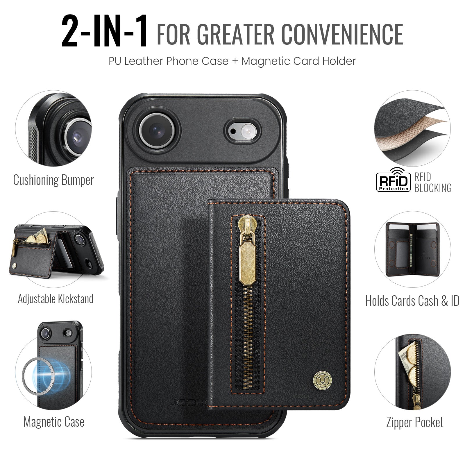 For iPhone Air Case JEEHOOD J12 Magnetic  Detachable Zipper Wallet Kickstand Leather Back Cover Compatible with MagSafe