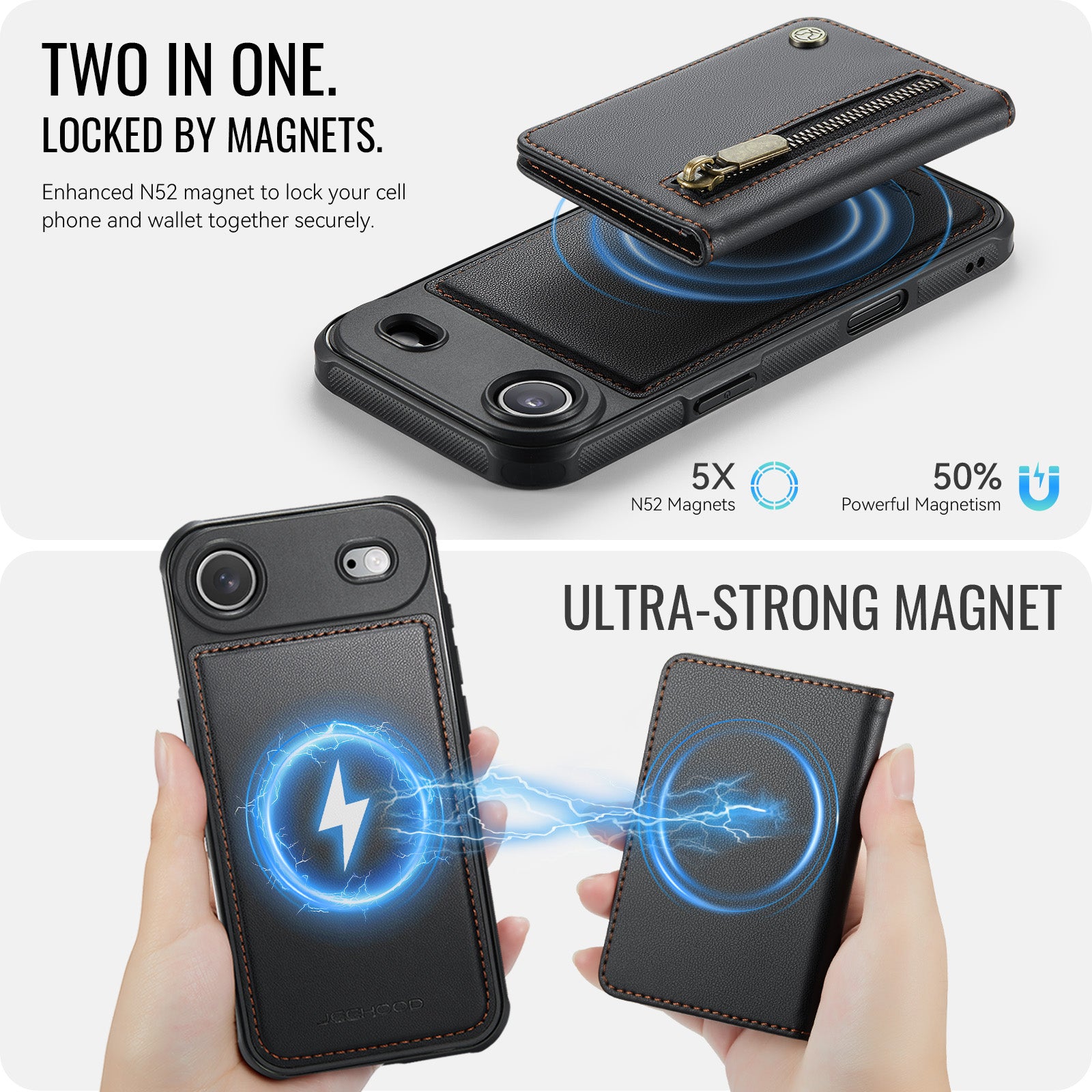 For iPhone Air Case JEEHOOD J12 Magnetic  Detachable Zipper Wallet Kickstand Leather Back Cover Compatible with MagSafe