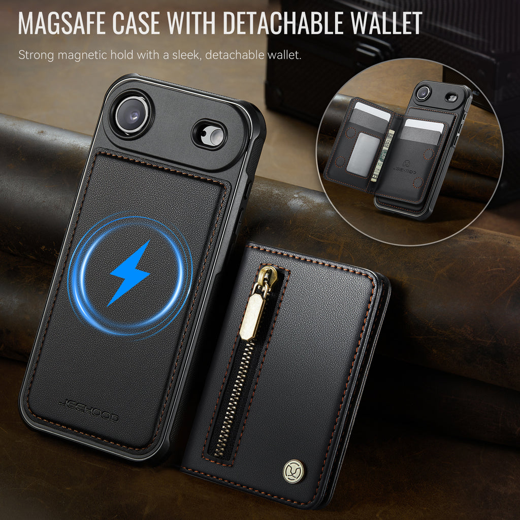 For iPhone Air Case JEEHOOD J12 Magnetic  Detachable Zipper Wallet Kickstand Leather Back Cover Compatible with MagSafe
