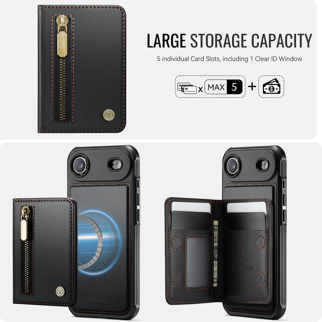 For iPhone Air Case JEEHOOD J12 Magnetic  Detachable Zipper Wallet Kickstand Leather Back Cover Compatible with MagSafe
