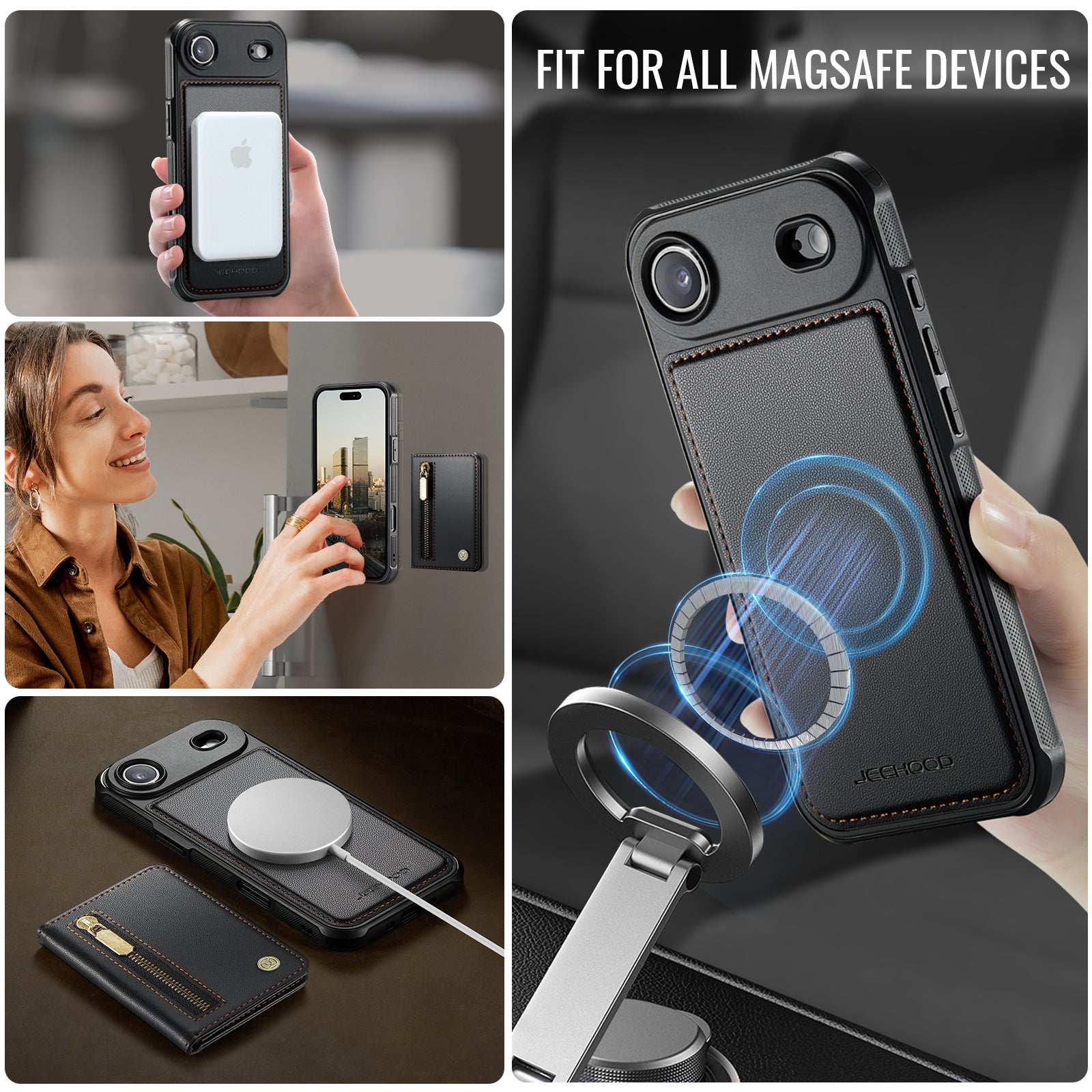 For iPhone Air Case JEEHOOD J12 Magnetic  Detachable Zipper Wallet Kickstand Leather Back Cover Compatible with MagSafe