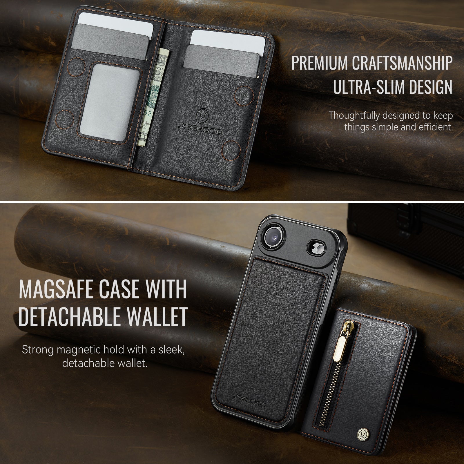 For iPhone Air Case JEEHOOD J12 Magnetic  Detachable Zipper Wallet Kickstand Leather Back Cover Compatible with MagSafe
