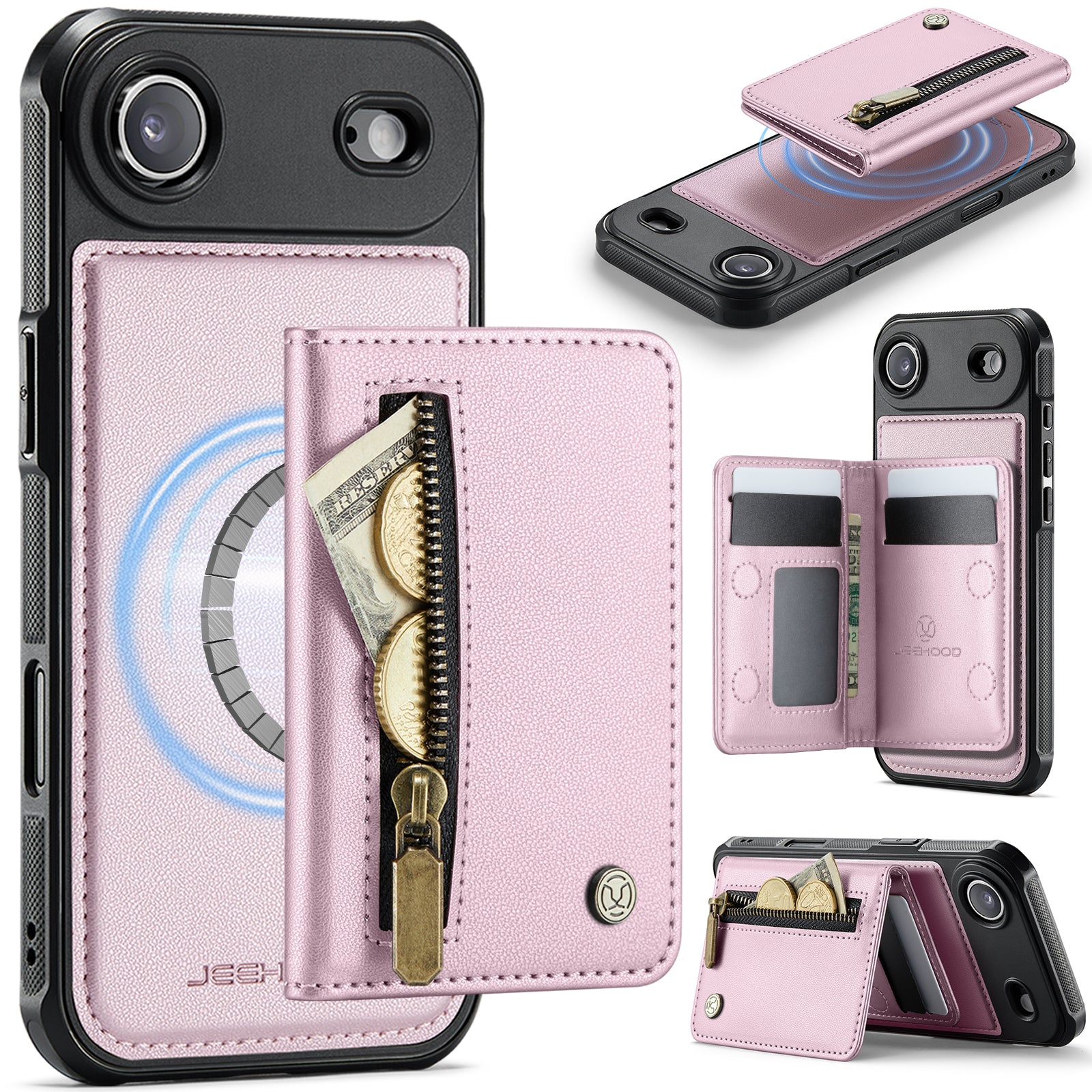 For iPhone Air Case JEEHOOD J12 Magnetic  Detachable Zipper Wallet Kickstand Leather Back Cover Compatible with MagSafe
