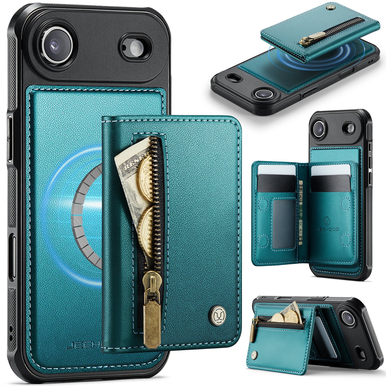 For iPhone Air Case JEEHOOD J12 Magnetic  Detachable Zipper Wallet Kickstand Leather Back Cover Compatible with MagSafe
